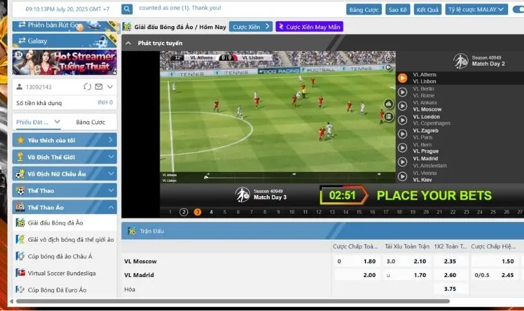 Giao diện cá cược Thể Thao Ảo VN86