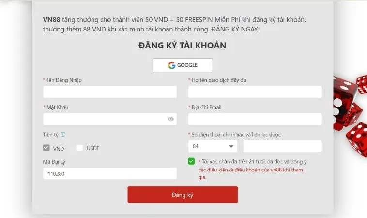 Giao diện đăng ký VN86