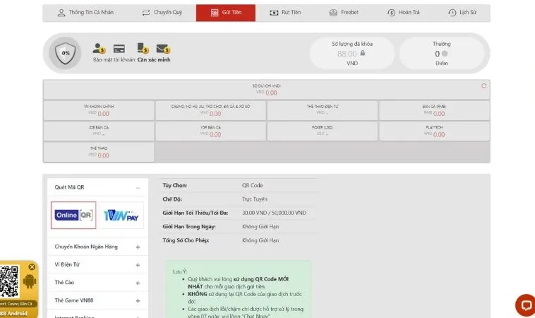 Giao diện nạp tiền VN86