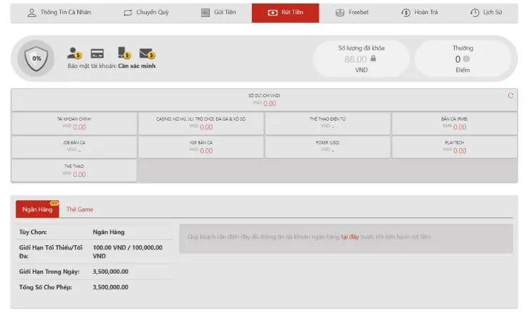 Giao diện rút tiền VN86